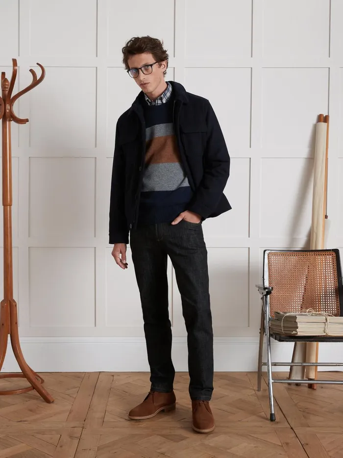 Men Clothing Cyrillus Colorblock Sweater With Round Neckline Rayure Bleue
