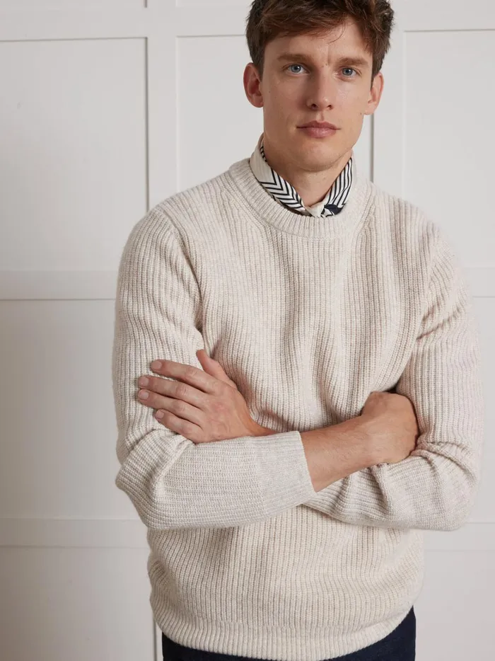Men Clothing Cyrillus Ribbed Knit Sweater With Round Neck Beige Chine
