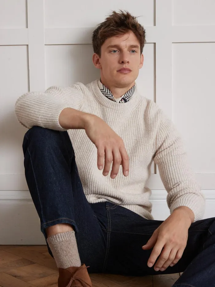 Men Clothing Cyrillus Ribbed Knit Sweater With Round Neck Beige Chine