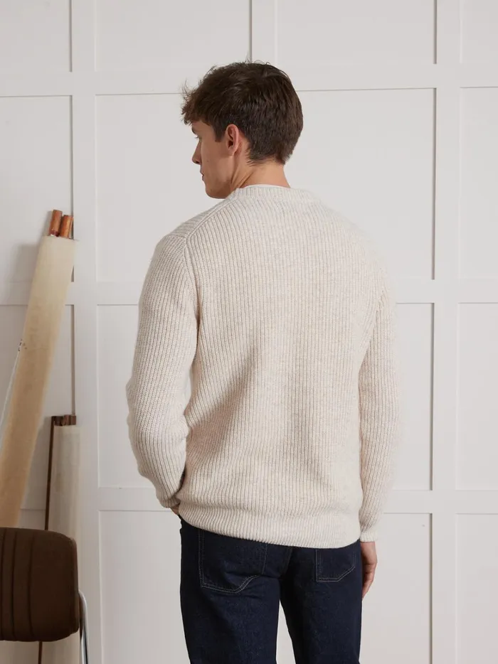 Men Clothing Cyrillus Ribbed Knit Sweater With Round Neck Beige Chine