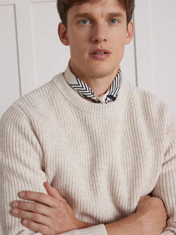 Men Clothing Cyrillus Ribbed Knit Sweater With Round Neck Beige Chine