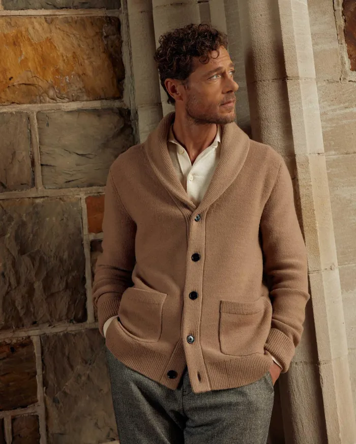 Men Collegiate Cardigan Camel Heather Billy Reid Sweaters and Sweatshirts