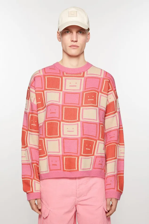 Men Jacquard Crew Neck Jumper Rusty Orangetango Pink Acne Studios Knitwear