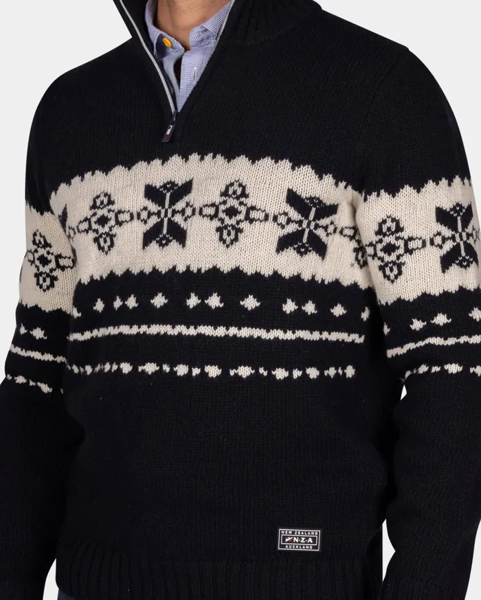 Men Knitwear NZA New Zealand Auckland Dark Blue Sweater With Ecru Pattern 8211 Winter Navy