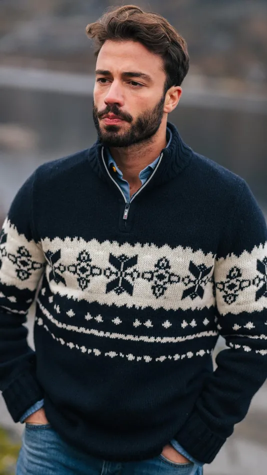 Men Knitwear NZA New Zealand Auckland Dark Blue Sweater With Ecru Pattern 8211 Winter Navy