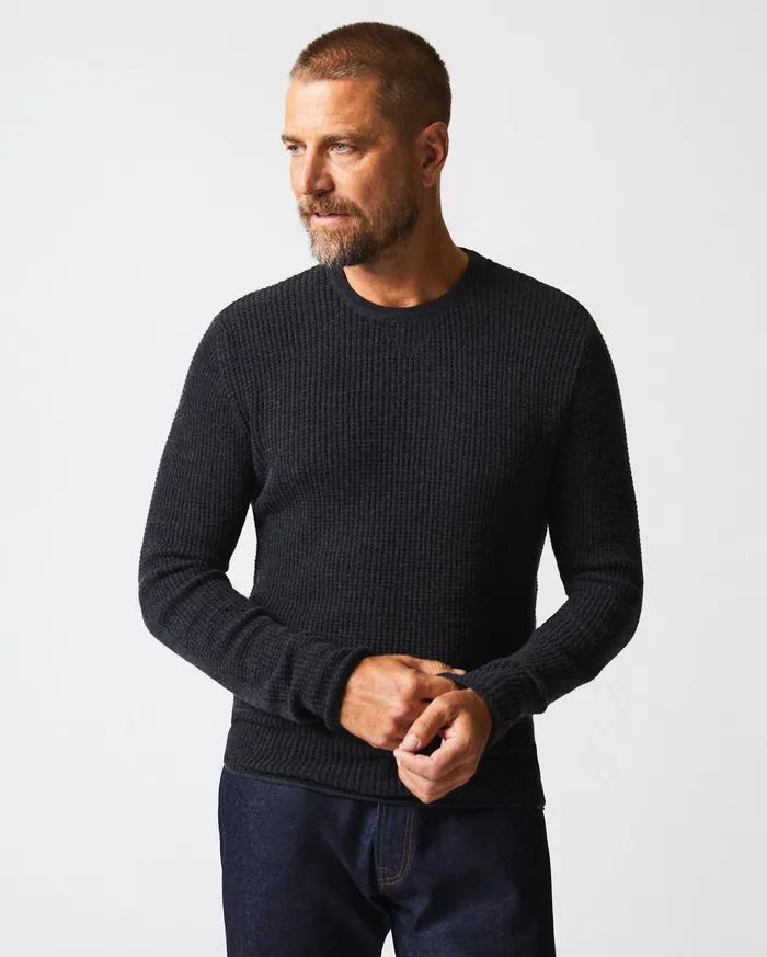 Men Mini Waffle Crew Charcoal Billy Reid Sweaters and Sweatshirts
