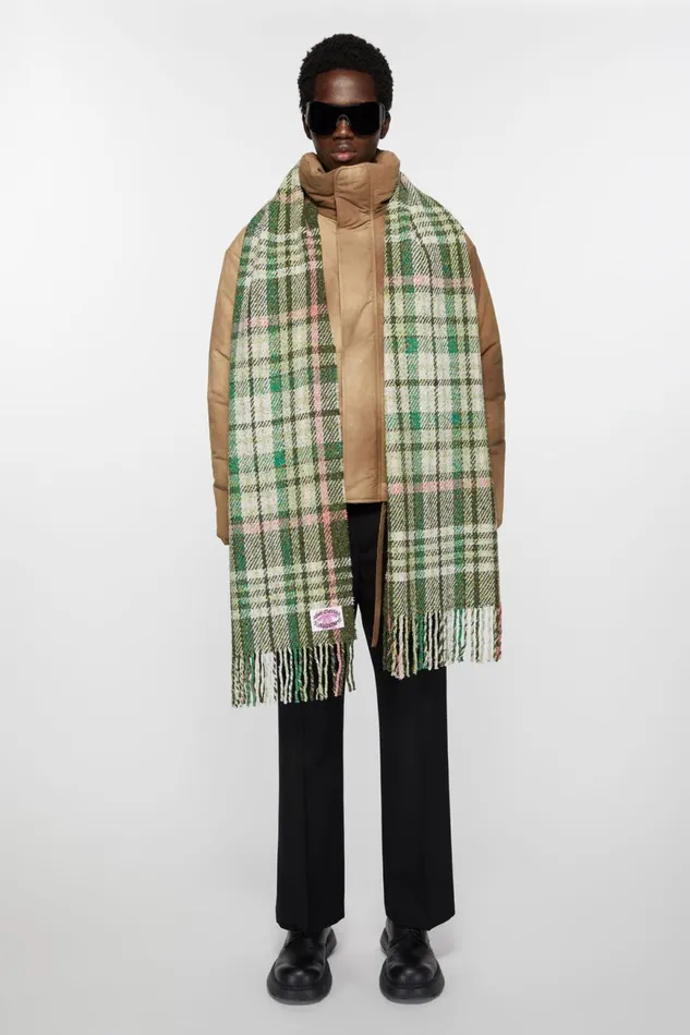 Men Plaid Fringe Scarf Green Acne Studios Scarves