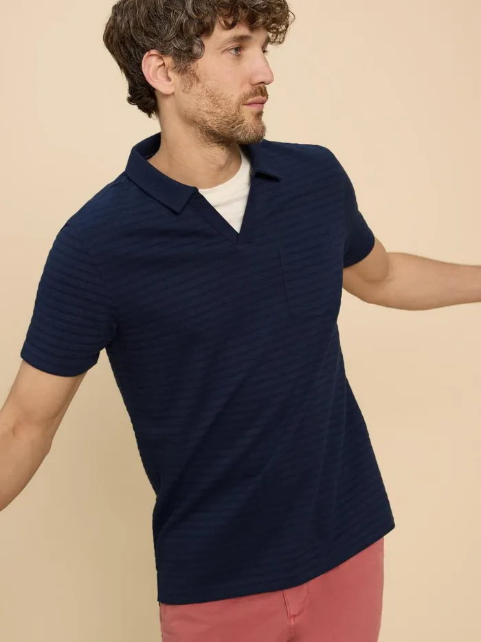 Men POLO SHIRTS White Stuff Textured Open Collar Polo Dark Navy
