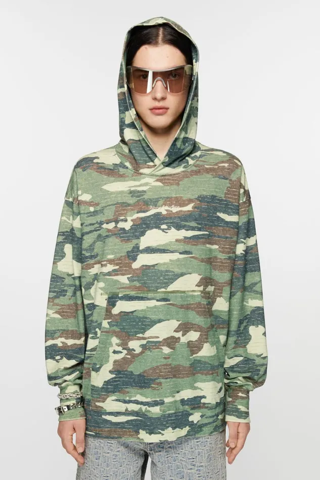 Men Print Logo Hoodie Khaki Green Acne Studios Sweatshirts