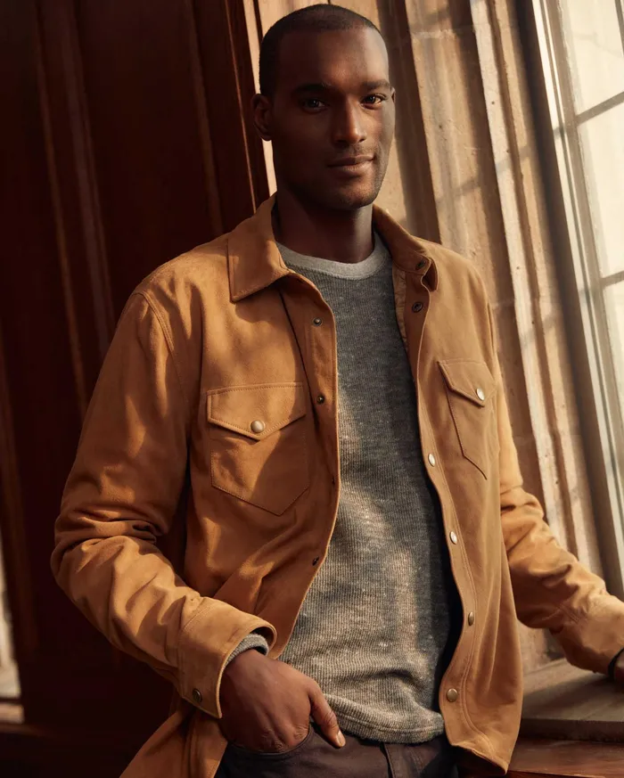 Men Savoy Suede Workshirt Camel Billy Reid Shirting
