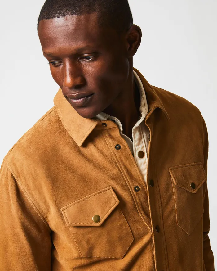 Men Savoy Suede Workshirt Camel Billy Reid Shirting