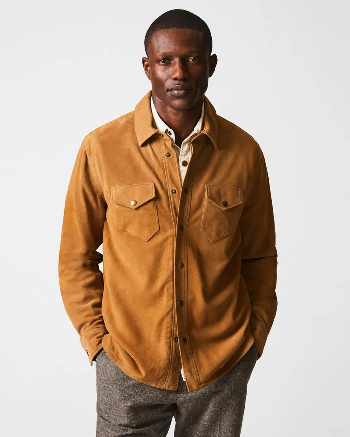 Men Savoy Suede Workshirt Camel Billy Reid Shirting