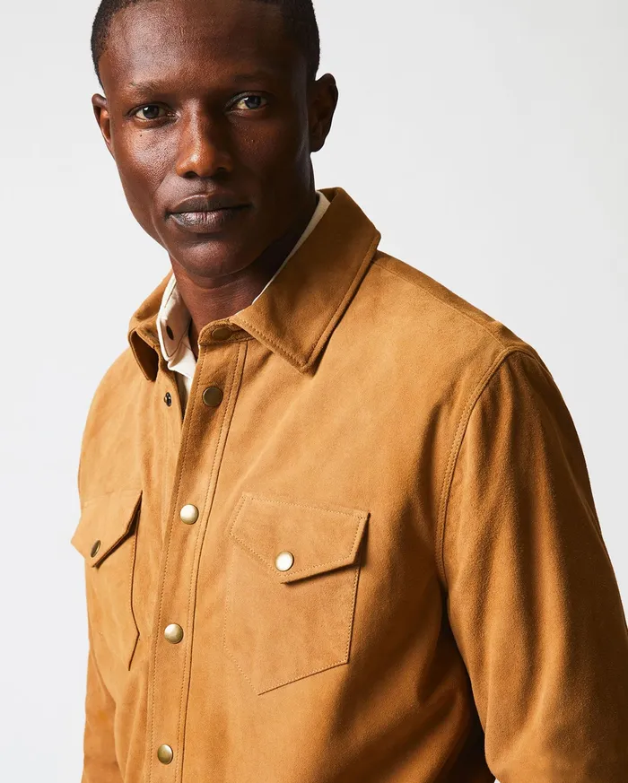 Men Savoy Suede Workshirt Camel Billy Reid Shirting