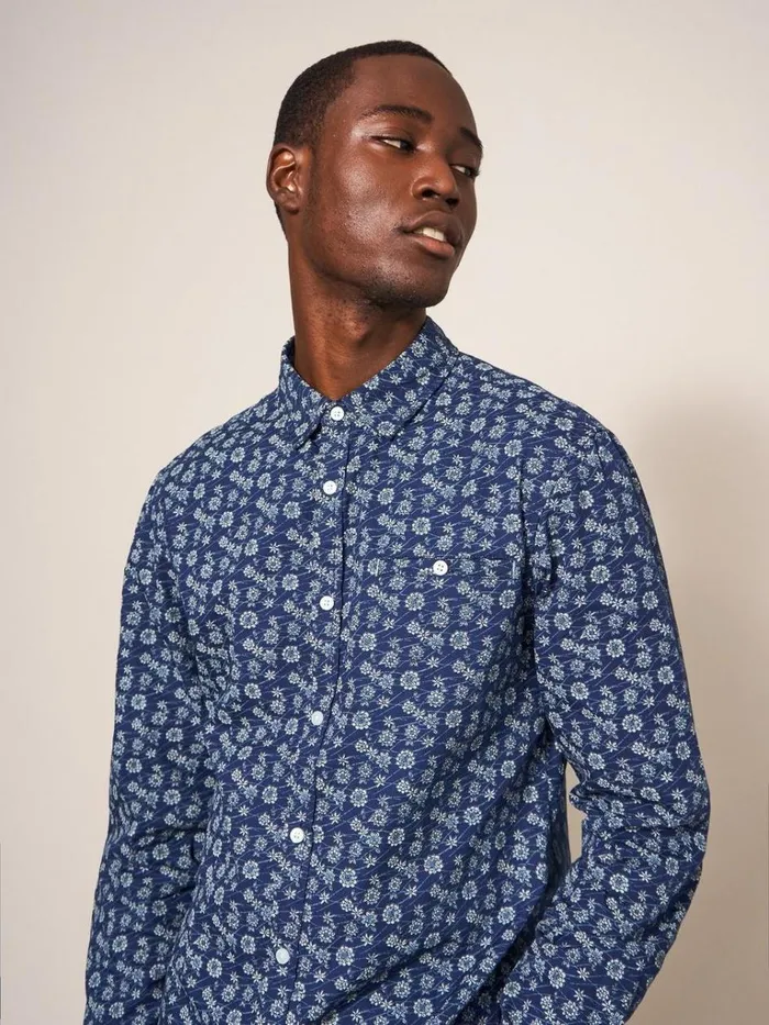 Men SHIRTS White Stuff Scattered Flower Printed Shirt Dark Navy