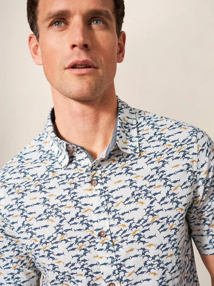 Men SHIRTS White Stuff Shark Printed Shirt White Multi