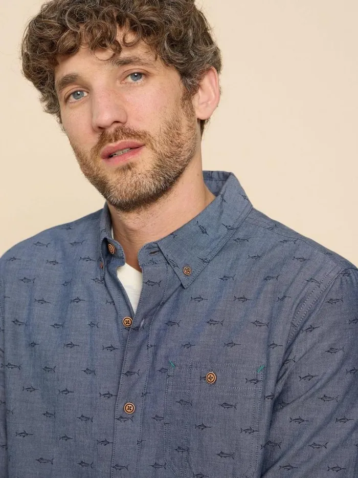 Men SHIRTS White Stuff Swordfish Printed Shirt Chambray Blue