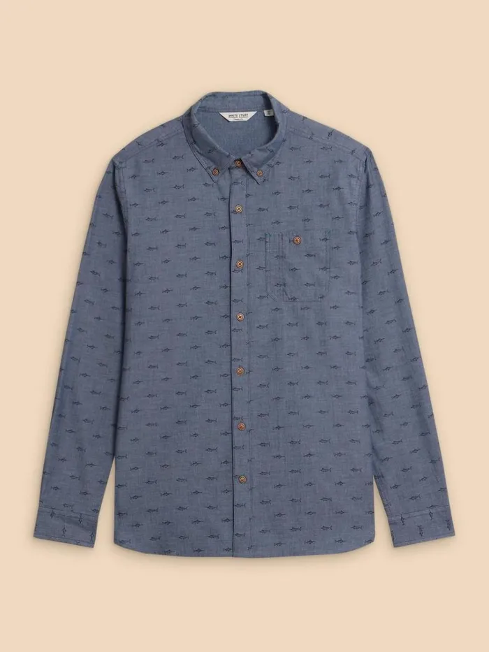 Men SHIRTS White Stuff Swordfish Printed Shirt Chambray Blue