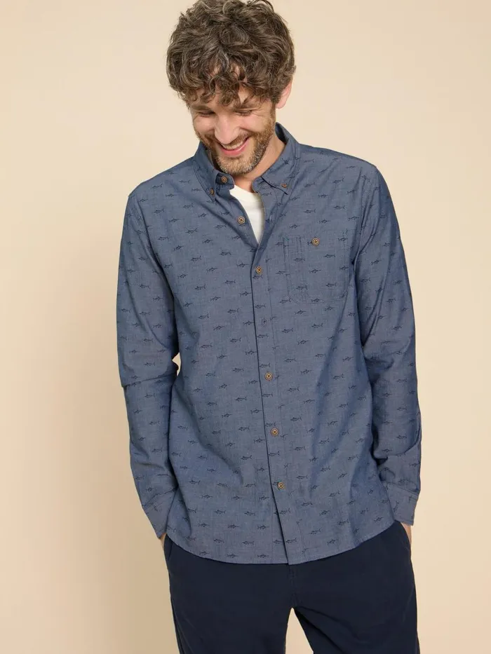 Men SHIRTS White Stuff Swordfish Printed Shirt Chambray Blue