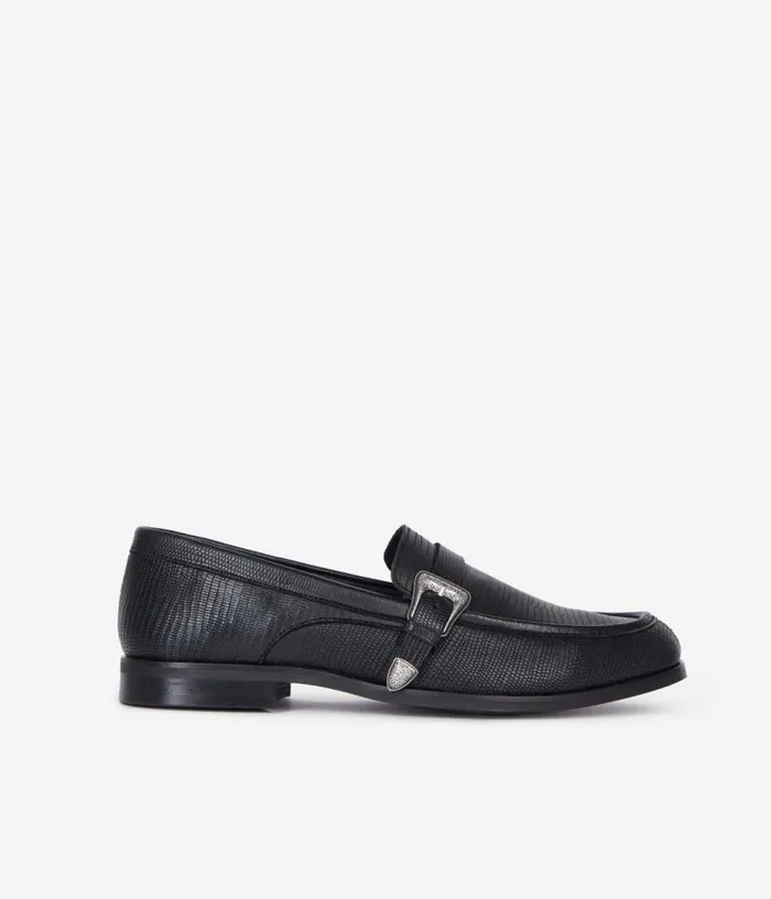 Men Shoes THE KOOPLES Black Leather Loafers With Western Buckle