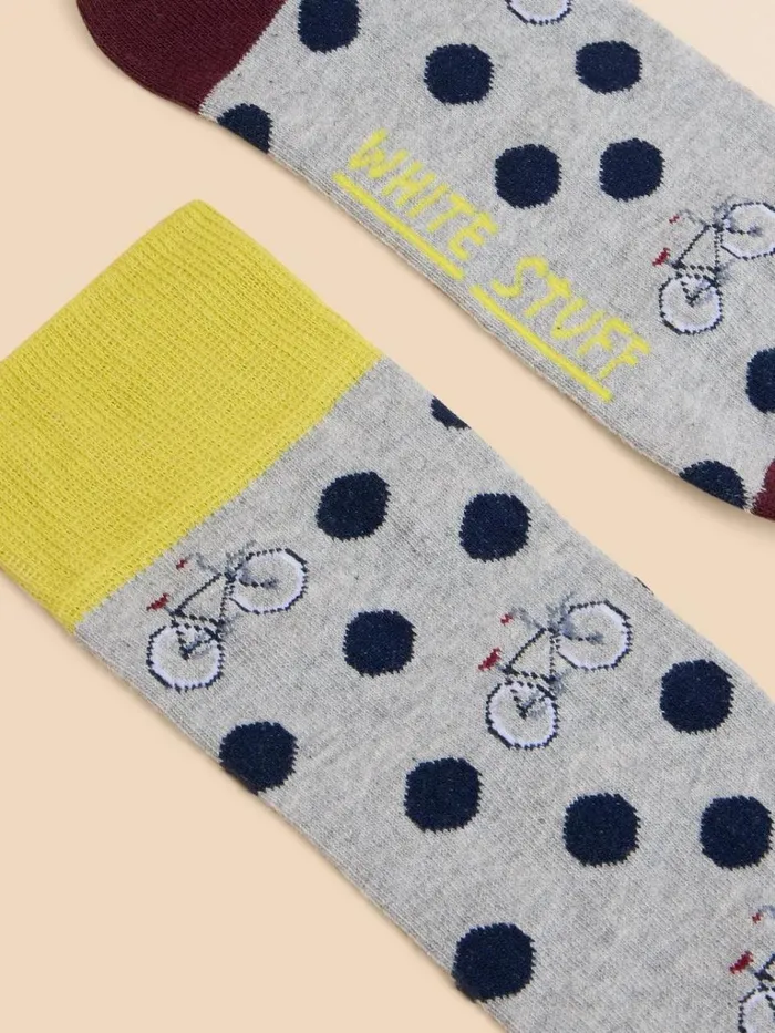 Men SOCKS White Stuff Spot Bicycle Ankle Sock Grey Multi