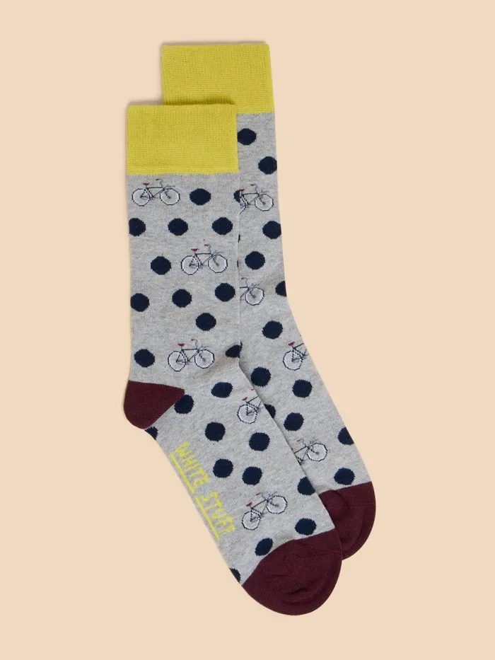 Men SOCKS White Stuff Spot Bicycle Ankle Sock Grey Multi