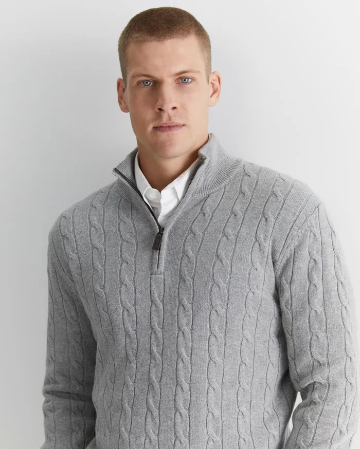 Men Sportscraft Jackets and Blazers Munro Cable Wool Quarter Zip Grey Melange
