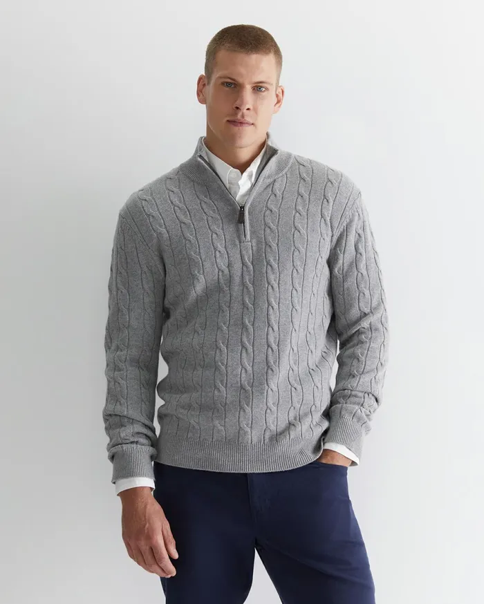 Men Sportscraft Jackets and Blazers Munro Cable Wool Quarter Zip Grey Melange