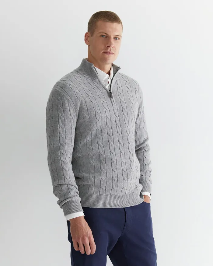 Men Sportscraft Jackets and Blazers Munro Cable Wool Quarter Zip Grey Melange