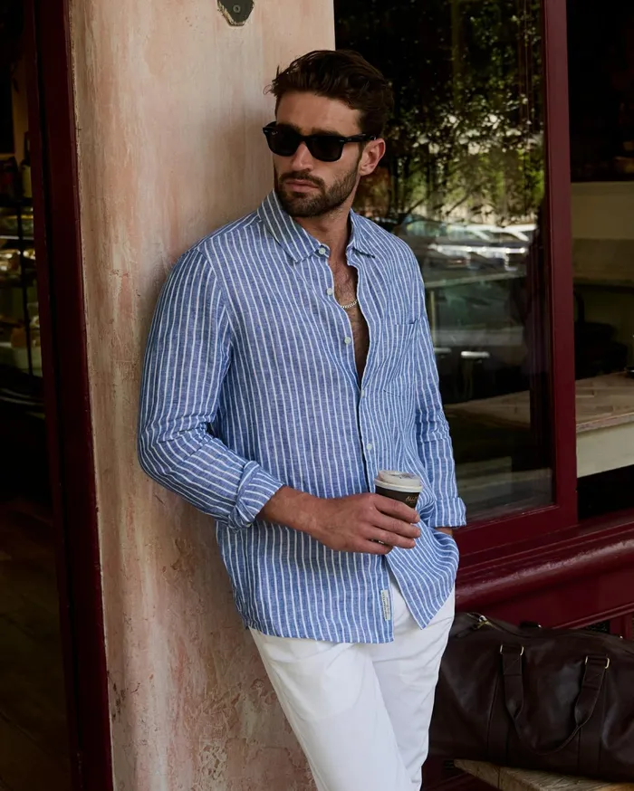 Men Sportscraft Shirts Chalmers Long Sleeve Stripe Linen Shirt Bluewhite