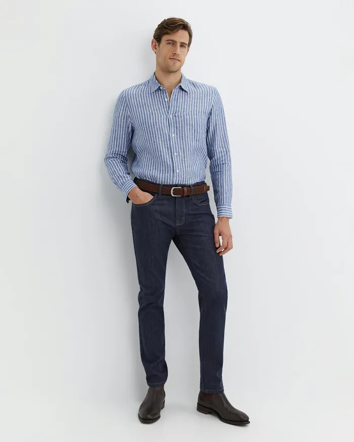 Men Sportscraft Shirts Chalmers Long Sleeve Stripe Linen Shirt Bluewhite