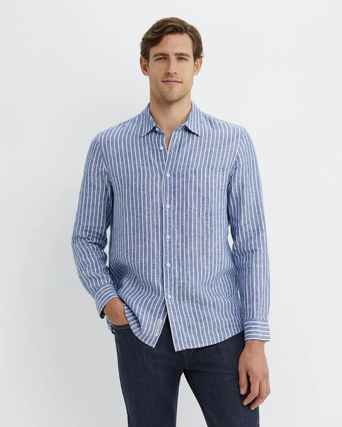 Men Sportscraft Shirts Chalmers Long Sleeve Stripe Linen Shirt Bluewhite