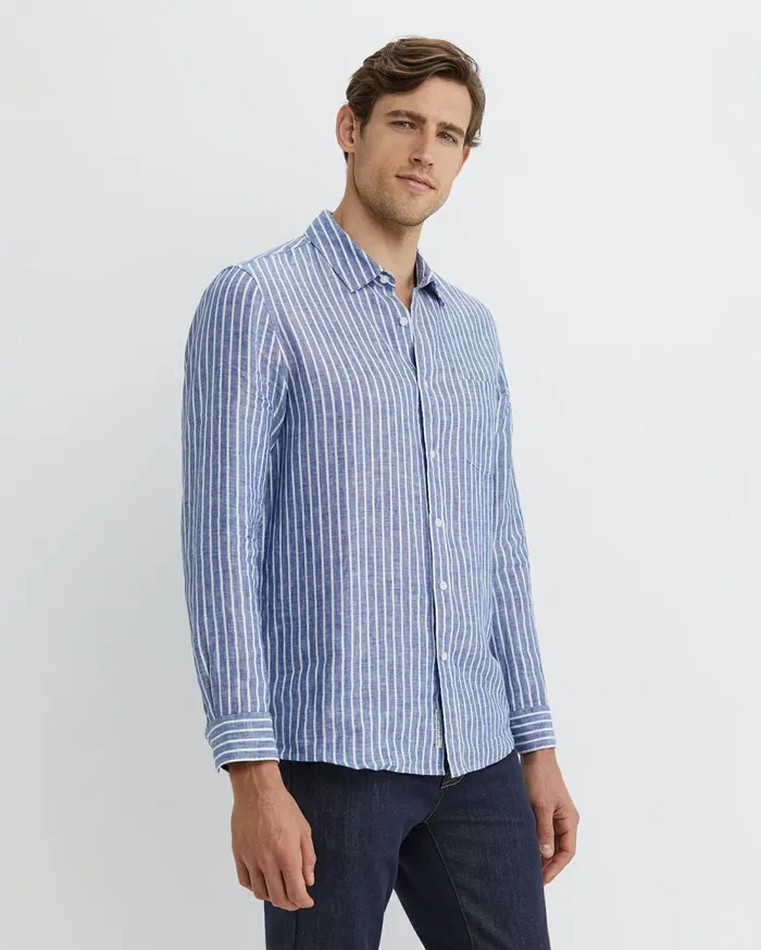 Men Sportscraft Shirts Chalmers Long Sleeve Stripe Linen Shirt Bluewhite