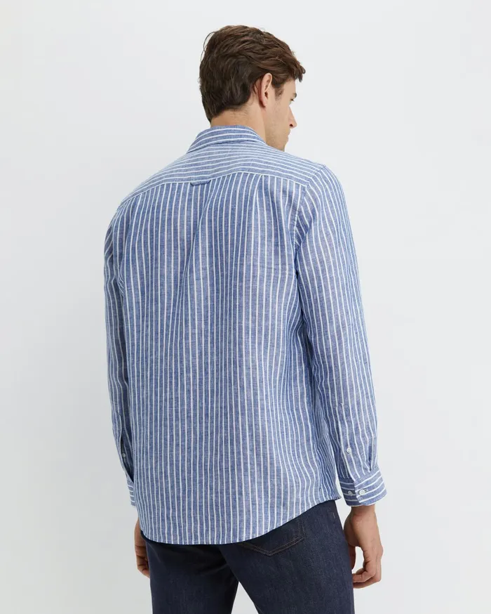 Men Sportscraft Shirts Chalmers Long Sleeve Stripe Linen Shirt Bluewhite
