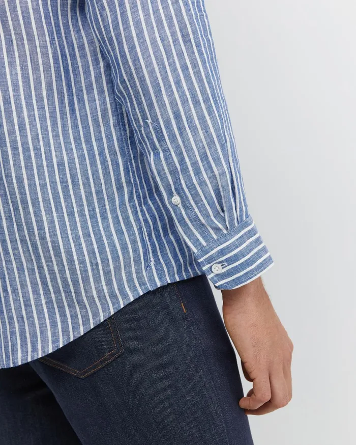 Men Sportscraft Shirts Chalmers Long Sleeve Stripe Linen Shirt Bluewhite