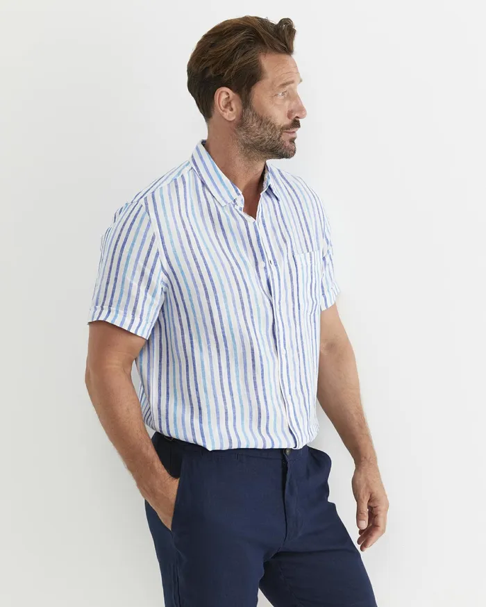 Men Sportscraft Shirts Fenton Short Sleeve Stripe Linen Shirt Blue Multi