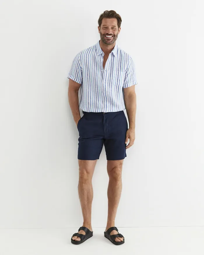 Men Sportscraft Shirts Fenton Short Sleeve Stripe Linen Shirt Blue Multi