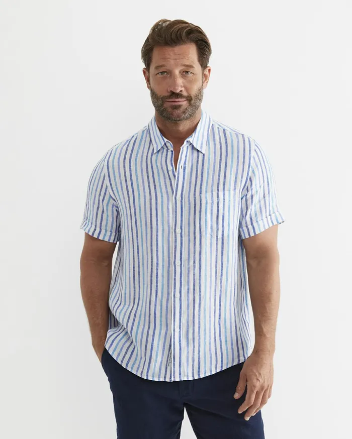 Men Sportscraft Shirts Fenton Short Sleeve Stripe Linen Shirt Blue Multi