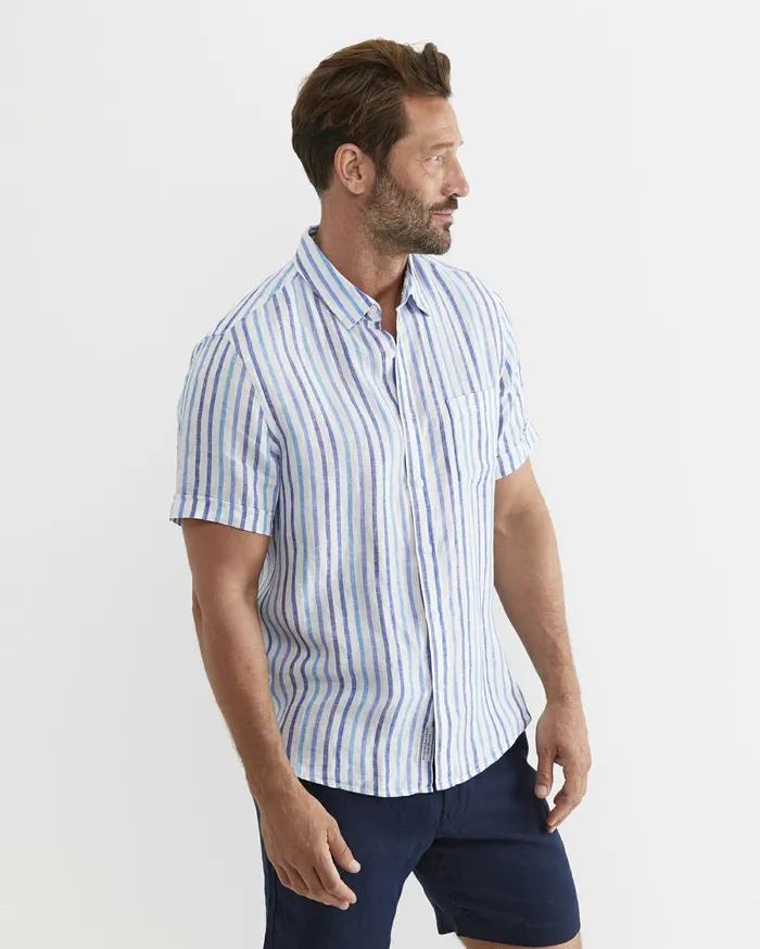 Men Sportscraft Shirts Fenton Short Sleeve Stripe Linen Shirt Blue Multi