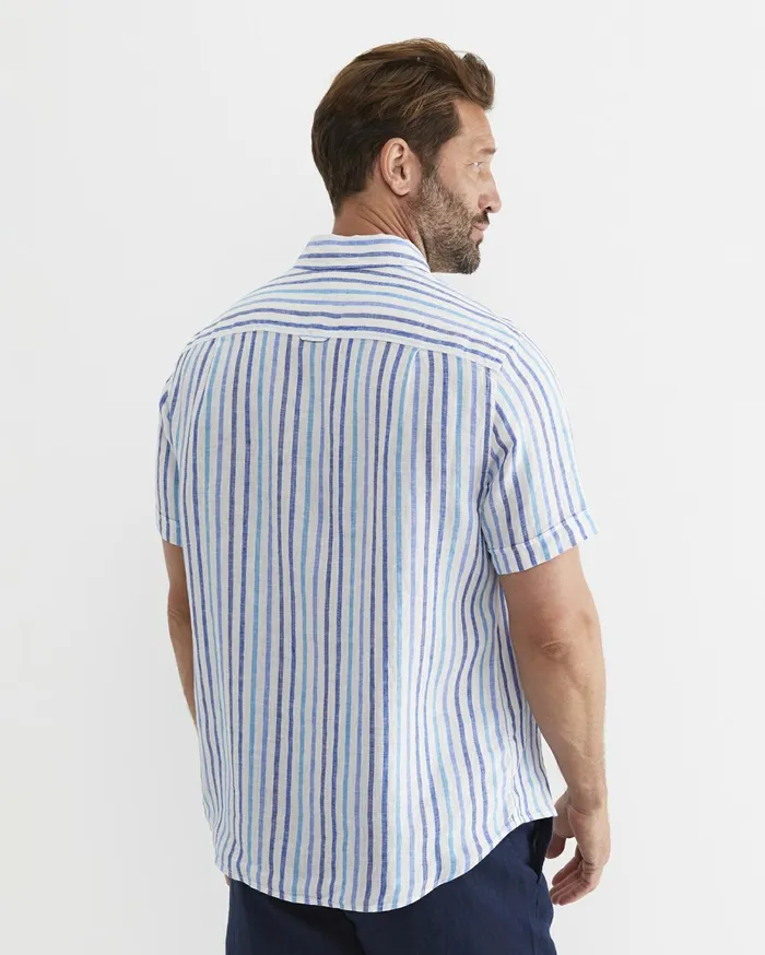 Men Sportscraft Shirts Fenton Short Sleeve Stripe Linen Shirt Blue Multi