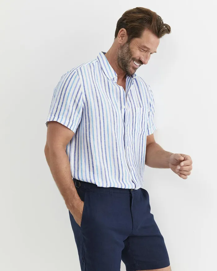 Men Sportscraft Shirts Fenton Short Sleeve Stripe Linen Shirt Blue Multi