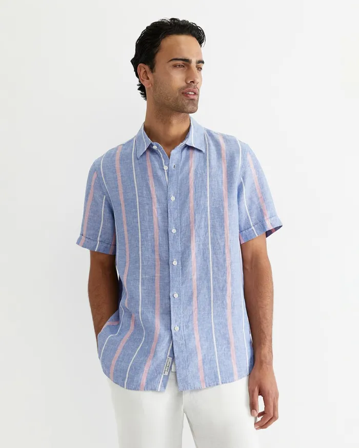 Men Sportscraft Shirts Redfern Short Sleeve Linen Stripe Shirt Pinkblue