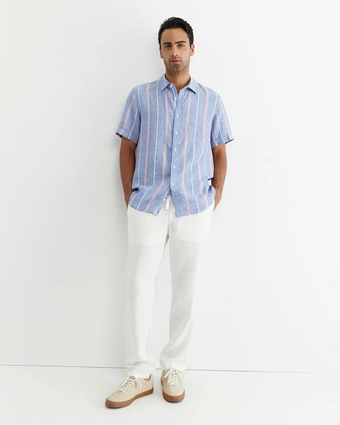 Men Sportscraft Shirts Redfern Short Sleeve Linen Stripe Shirt Pinkblue