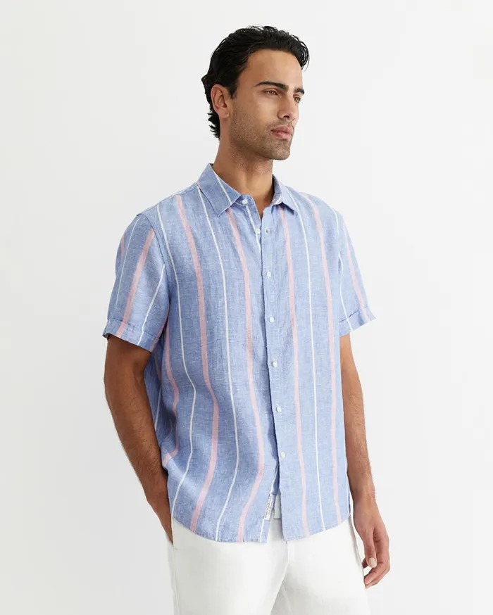 Men Sportscraft Shirts Redfern Short Sleeve Linen Stripe Shirt Pinkblue