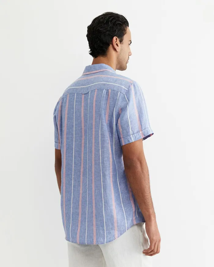 Men Sportscraft Shirts Redfern Short Sleeve Linen Stripe Shirt Pinkblue