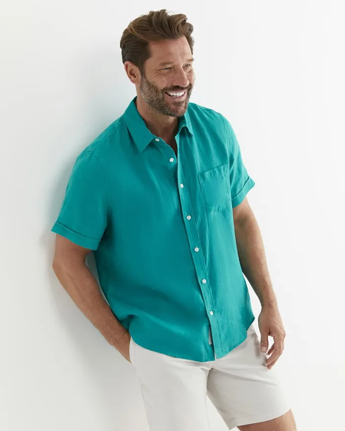 Men Sportscraft Shirts Short Sleeve Linen Shirt Seagreen