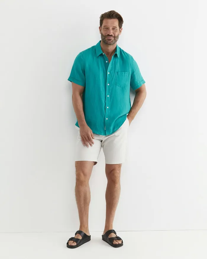 Men Sportscraft Shirts Short Sleeve Linen Shirt Seagreen