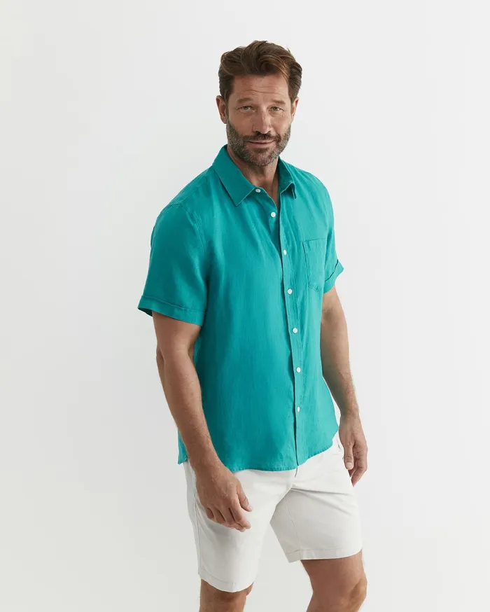 Men Sportscraft Shirts Short Sleeve Linen Shirt Seagreen