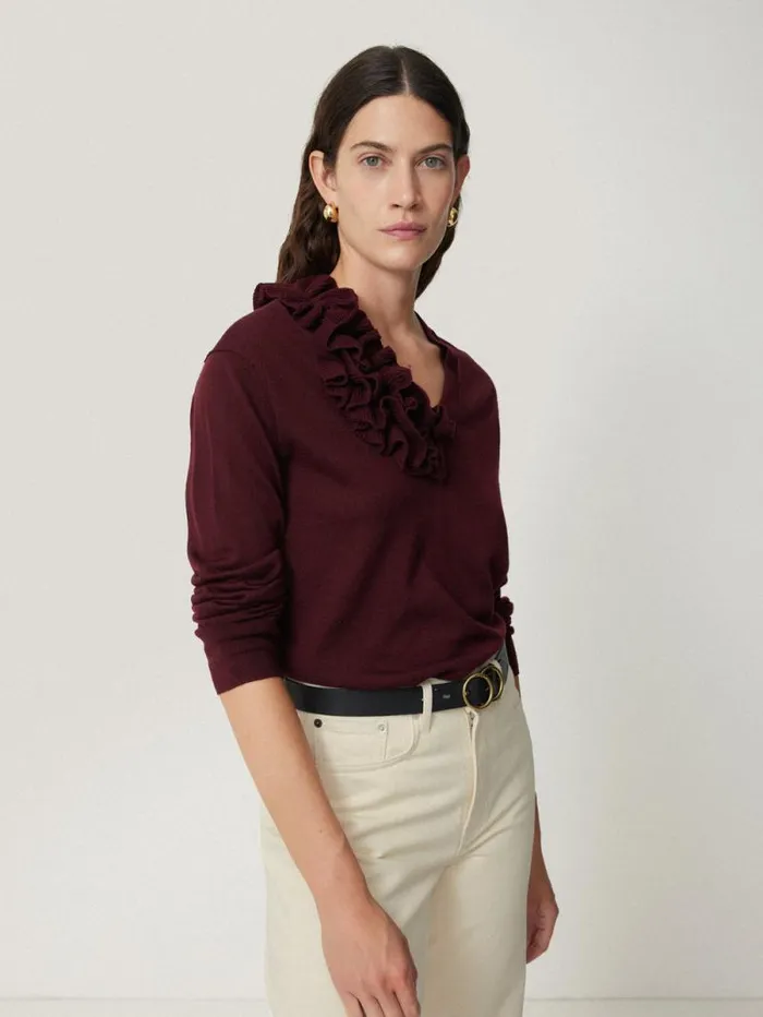 Merino Ruffle V Neck Jumper Burgundy Women Jigsaw Knitwear and Cashmere