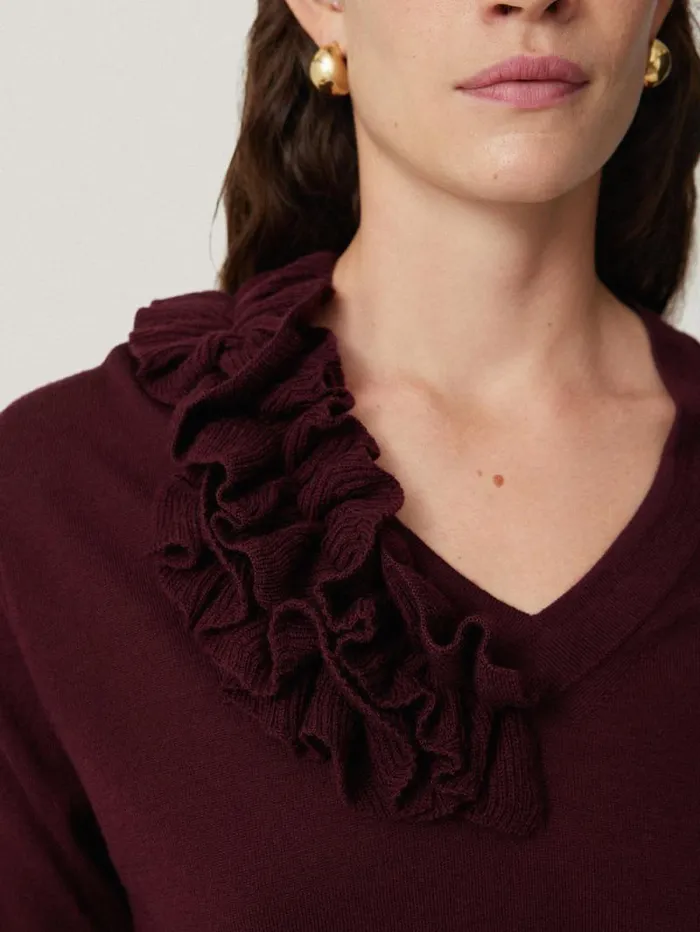 Merino Ruffle V Neck Jumper Burgundy Women Jigsaw Knitwear and Cashmere