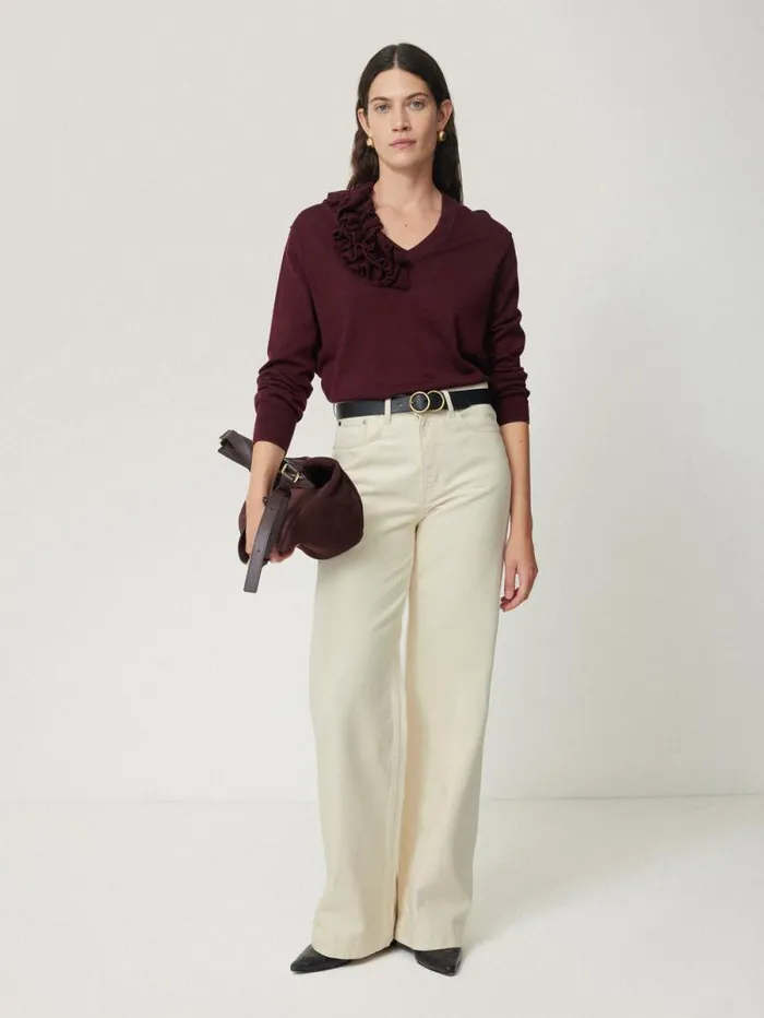 Merino Ruffle V Neck Jumper Burgundy Women Jigsaw Knitwear and Cashmere